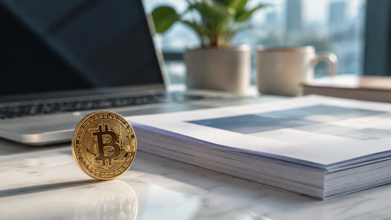 Illustration of a symbolic Bitcoin token beside a laptop and research documents.