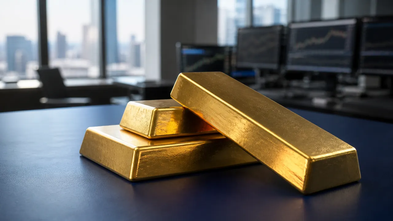 Illustration of unbranded gold bars on a desk in a financial office.