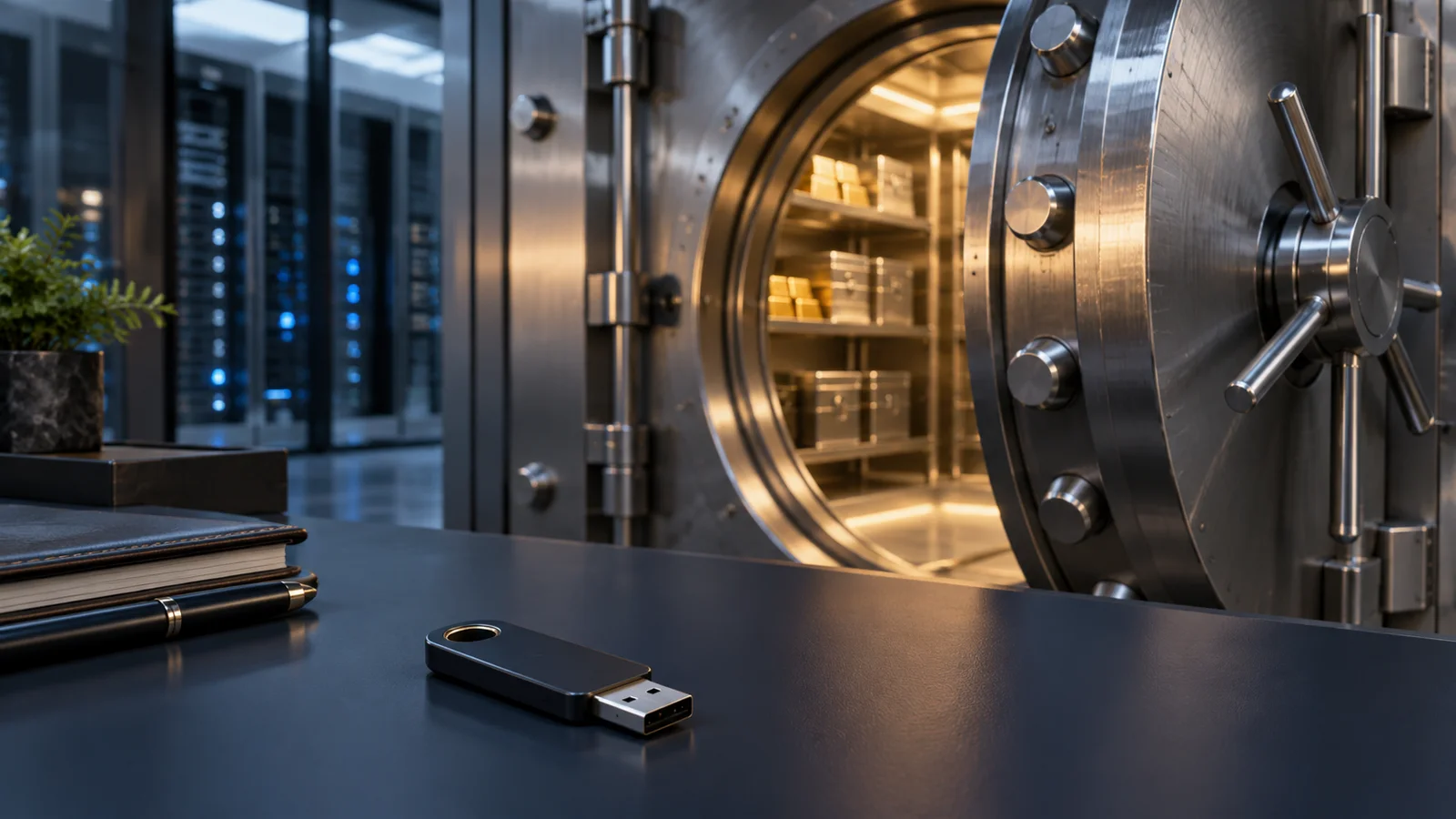 Conceptual illustration of a vault, a hardware security key and server cabinets.